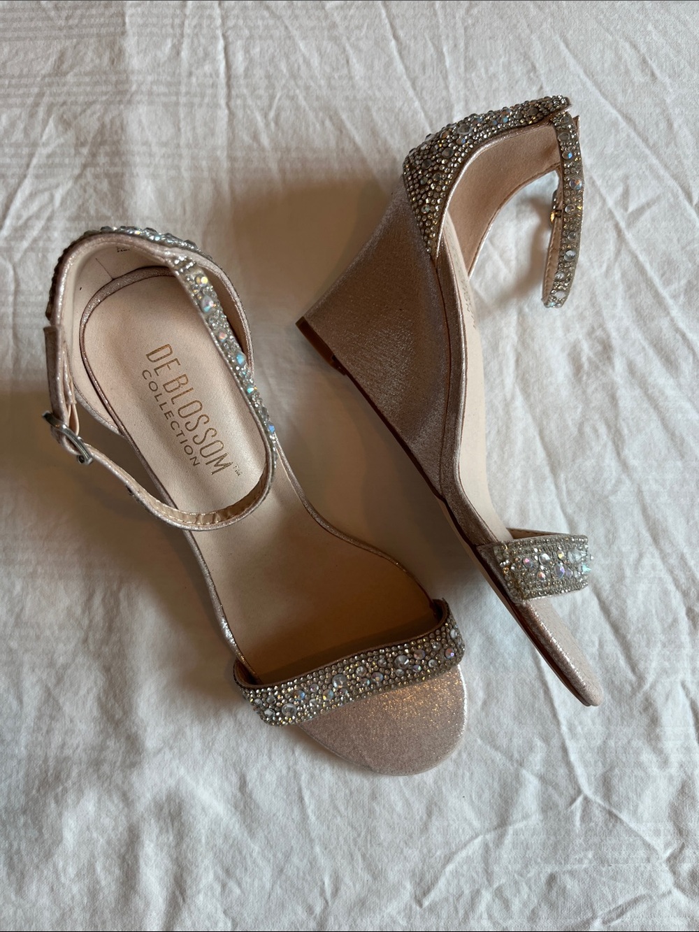 De Blossom Collection Rose Gold Crystal Strap Wedge Sandals